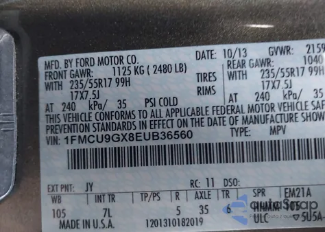 2014 Ford Escape Se z USA, uszkodzony, nr VIN 1FMCU9GX8EUB36560